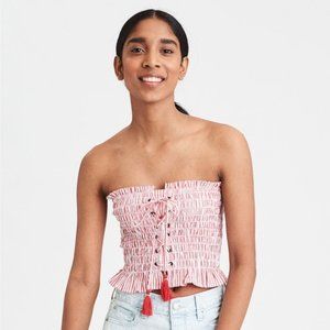 AE Smocked Tube Crop Top Tassel Stripe Red White